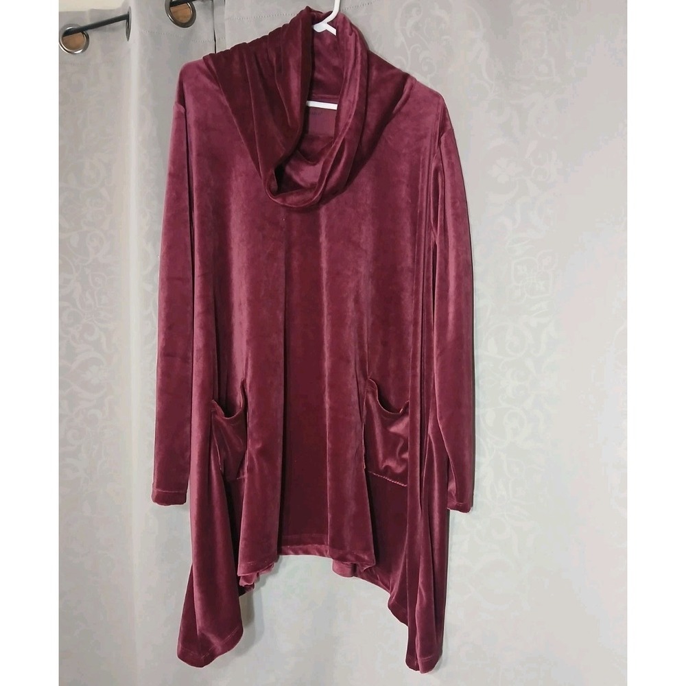 Cowl Neck Knit Velour Tunic Top Sharkbite Hem - NEW 1X Burgundy Warm Soft Comfy